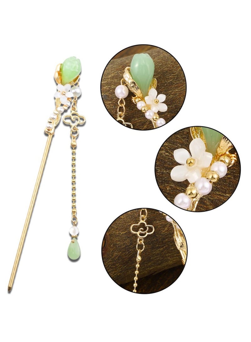 SYOSI, 2 Pack Chinese Traditional Flowers Hair Sticks, Jade Tassel Vintage Hairpin Chopsticks, Chinese Hanfu TV Classical Style Hair Accessories for Girls Travel Makeup - Image 4