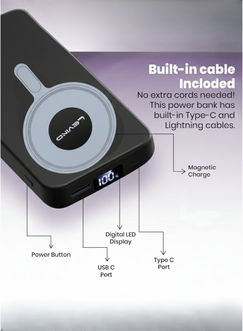 ليفينو بنك طاقة ليفينو ماج سيف بسعة 10000 مللي أمبير، شحن سريع سلكي بقوة 22.5 واط بتقنية PD + شحن لاسلكي لاسلكي بقوة 15 واط بتقنية ماج سيف، تثبيت مغناطيسي قوي، حامل قابل للطي، شاشة LED رقمية، كابلات مدمجة من النوع C و Lightning، منافذ USB + PD — متوافق مع أجهزة iPhone 15/14/13/12، Samsung Galaxy S24/S23، Huawei، Xiaomi | أسود - Image 4