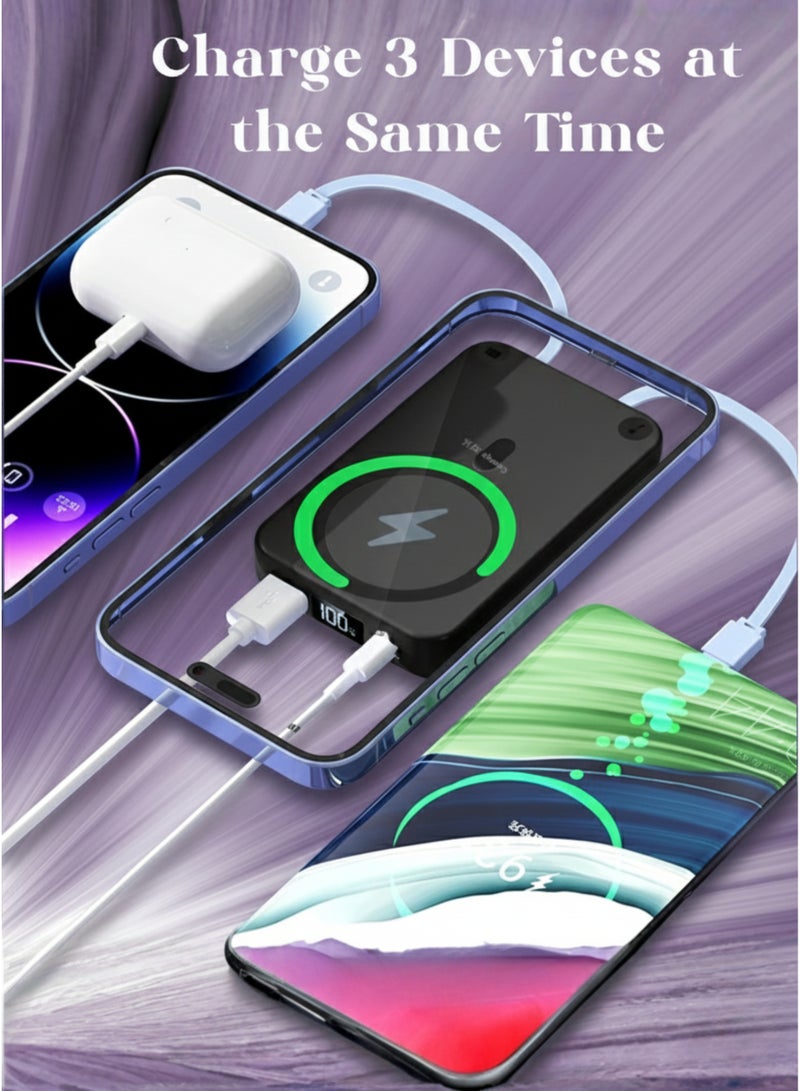 ليفينو بنك طاقة ليفينو ماج سيف بسعة 10000 مللي أمبير، شحن سريع سلكي بقوة 22.5 واط بتقنية PD + شحن لاسلكي لاسلكي بقوة 15 واط بتقنية ماج سيف، تثبيت مغناطيسي قوي، حامل قابل للطي، شاشة LED رقمية، كابلات مدمجة من النوع C و Lightning، منافذ USB + PD — متوافق مع أجهزة iPhone 15/14/13/12، Samsung Galaxy S24/S23، Huawei، Xiaomi | أسود - Image 3