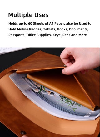 2PCS Leather A4 File Folder, Waterproof PU Wallets Document Holder with Snap Popper Closure, Portable Portfolio Envelope Organizer Case Pockets for Travel Meeting Business Office Tablet (Gray, Brown) - view 5