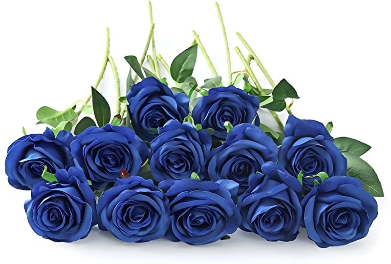 Laelfe 12 pcs Artificial Blue Roses Flowers Long Stem Fake Silk Rose for Home Wendding Decorations Blue