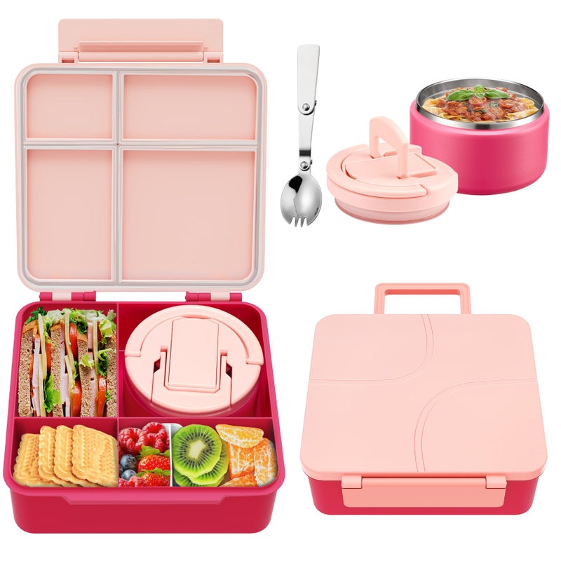 Bento Lunch Box for Kids with 8oz Soup ThermoKids Leakproof Lunch Food Containers with 4 CompartmentKid Insulated Thermo Hot Food Jar for SchoolTrvaelPink