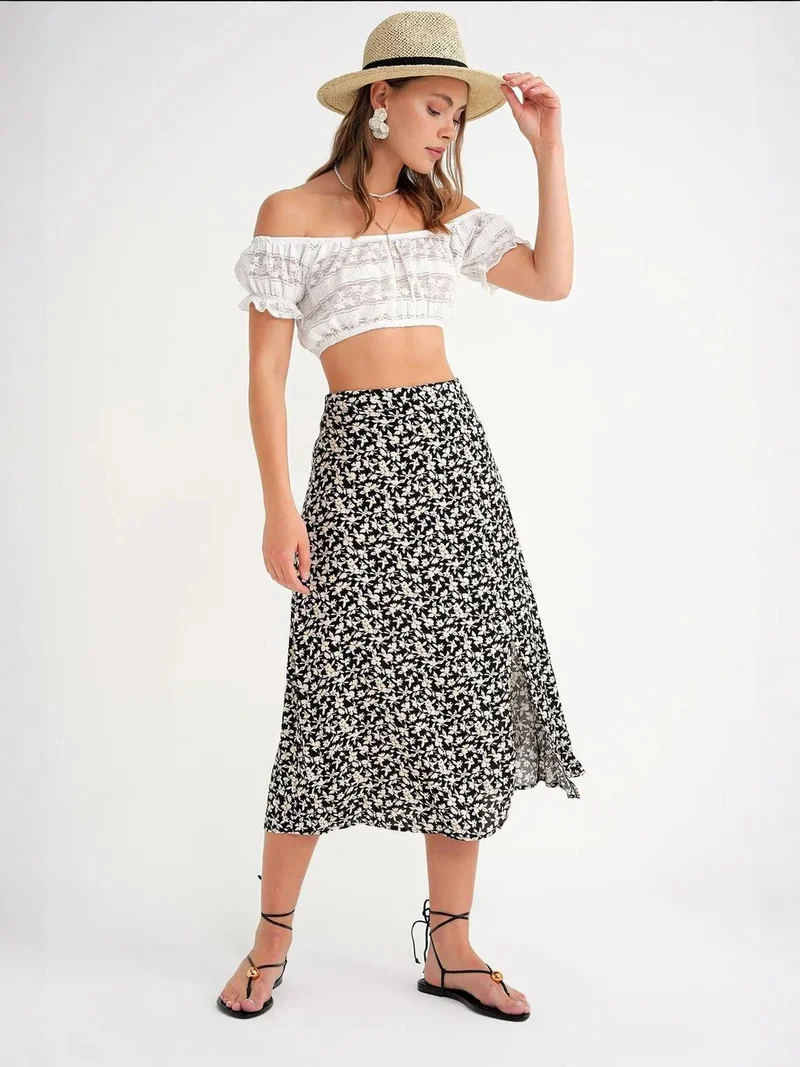 ميكسراي تنورة ميدي ميكسراي بخصر مرتفع وطبعات زهور