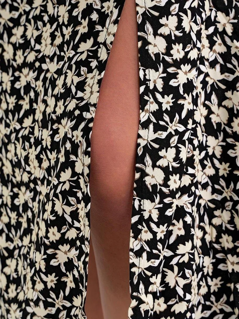 MixRay Black Mixray High-Waisted Floral Midi Skirt for Women | Best Price UAE
