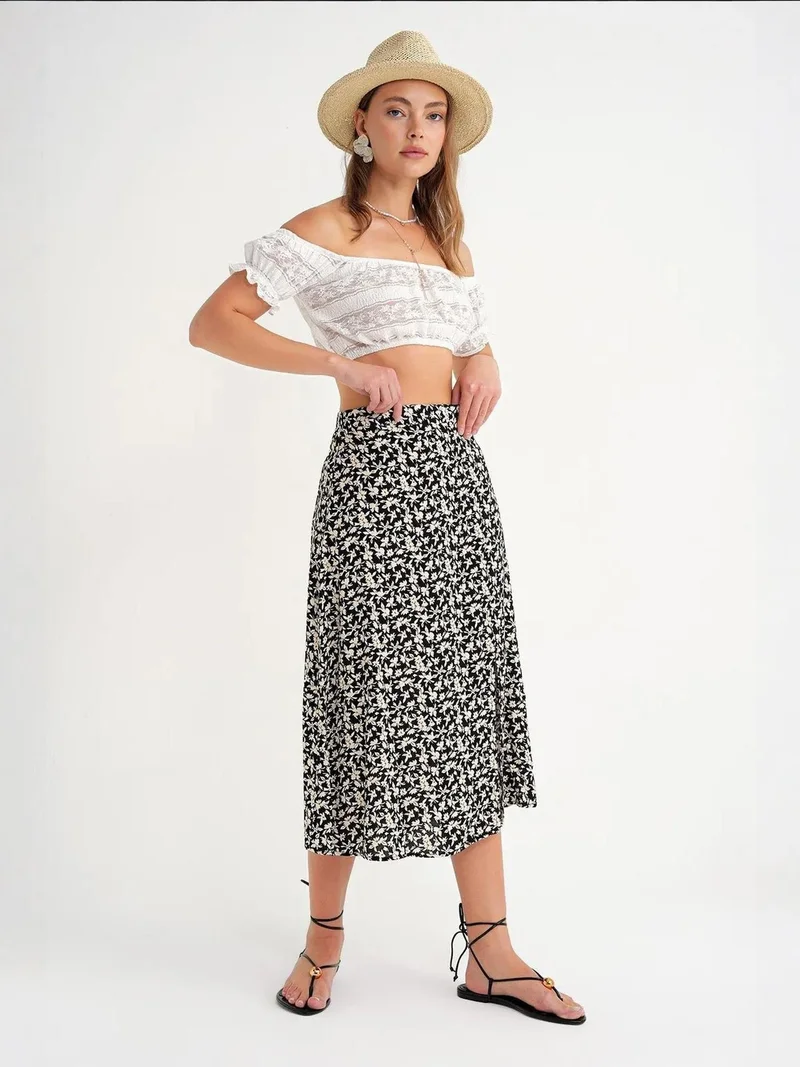 MixRay Black Mixray High-Waisted Floral Midi Skirt for Women | Best Price UAE