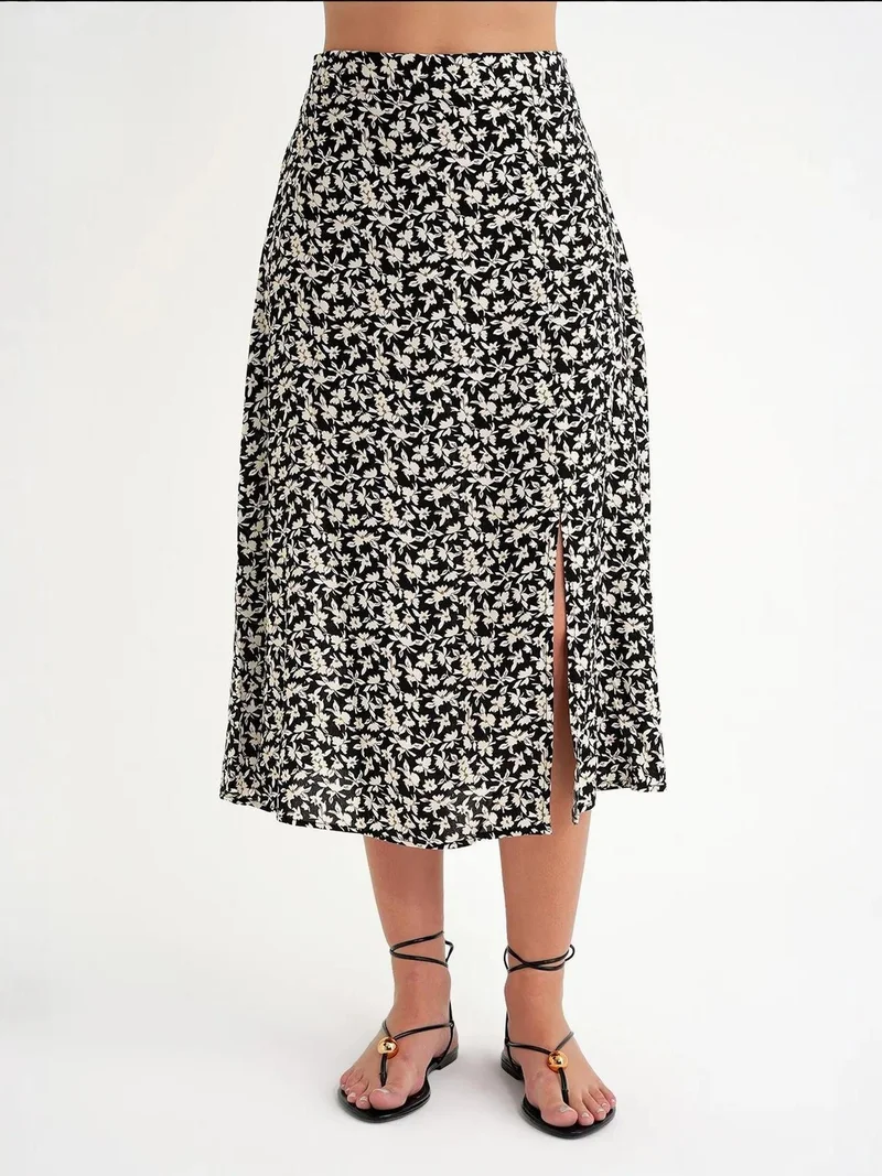 MixRay Black Mixray High-Waisted Floral Midi Skirt for Women | Best Price UAE