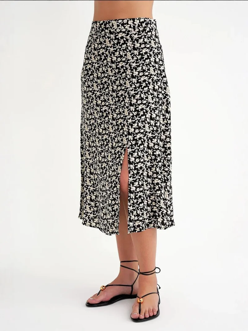 MixRay Black Mixray High-Waisted Floral Midi Skirt for Women | Best Price UAE