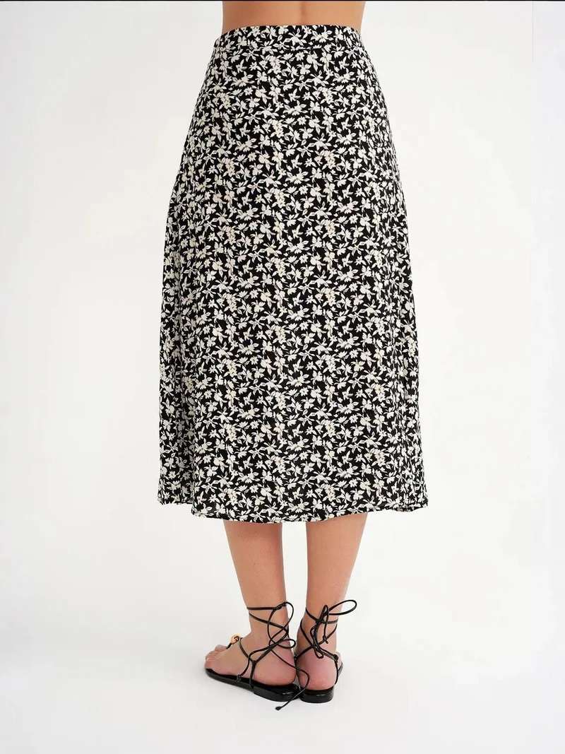 MixRay Black Mixray High-Waisted Floral Midi Skirt for Women | Best Price UAE