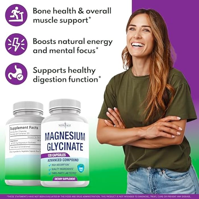 New Age Magnesium Glycinate 500mg | 90mg Elemental Magnesium Supplement- High Absorption, Non Buffered, Non-GMO & No Gluten - Muscle & Bone Health - 120 Vegan Capsules - Image 3