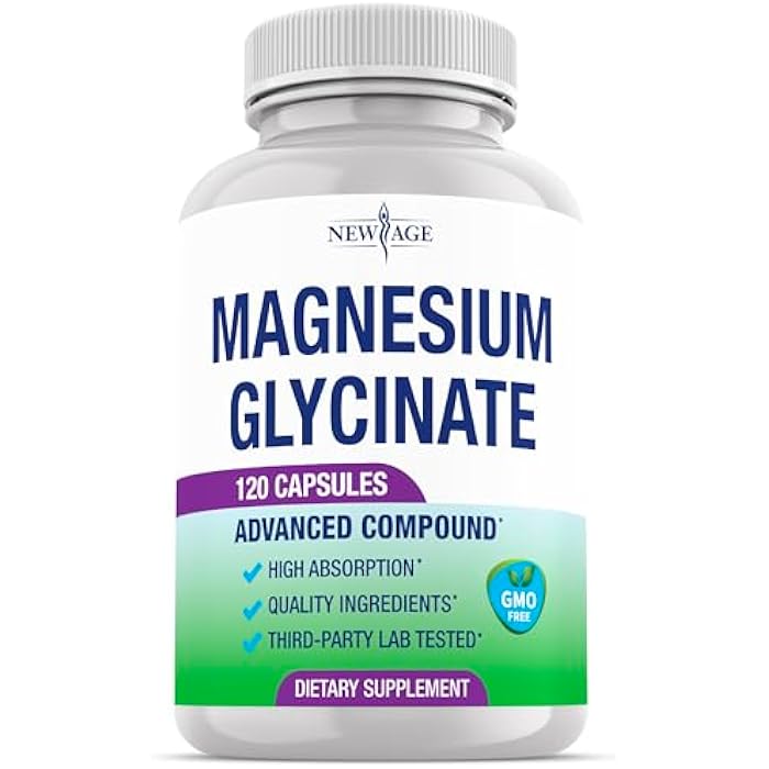 New Age Magnesium Glycinate 500mg | 90mg Elemental Magnesium Supplement- High Absorption, Non Buffered, Non-GMO & No Gluten - Muscle & Bone Health - 120 Vegan Capsules - Image 1