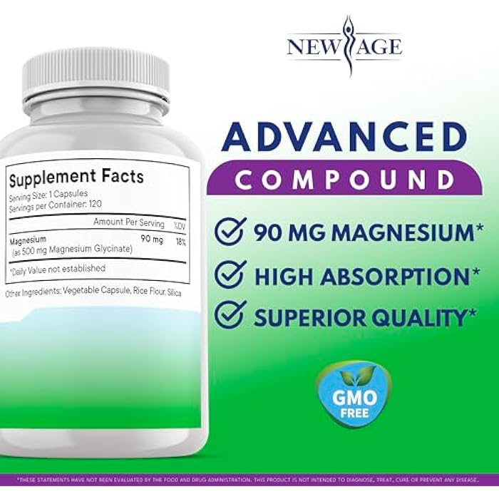 New Age Magnesium Glycinate 500mg | 90mg Elemental Magnesium Supplement- High Absorption, Non Buffered, Non-GMO & No Gluten - Muscle & Bone Health - 120 Vegan Capsules - Image 2
