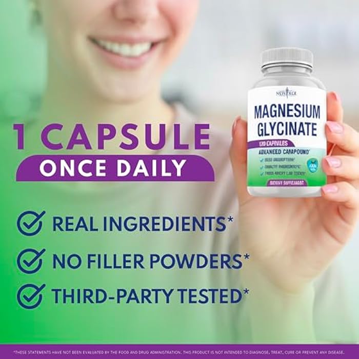 New Age Magnesium Glycinate 500mg | 90mg Elemental Magnesium Supplement- High Absorption, Non Buffered, Non-GMO & No Gluten - Muscle & Bone Health - 120 Vegan Capsules - Image 5