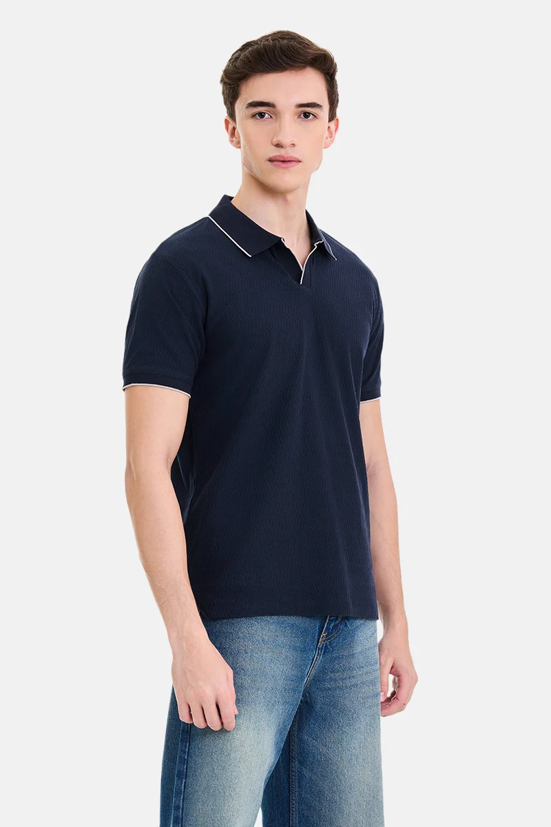 Snitch Navy Blue Navy Blue Textured Half Sleeve Regular Fit Casual T-Shirt for Men | Best Price UAE