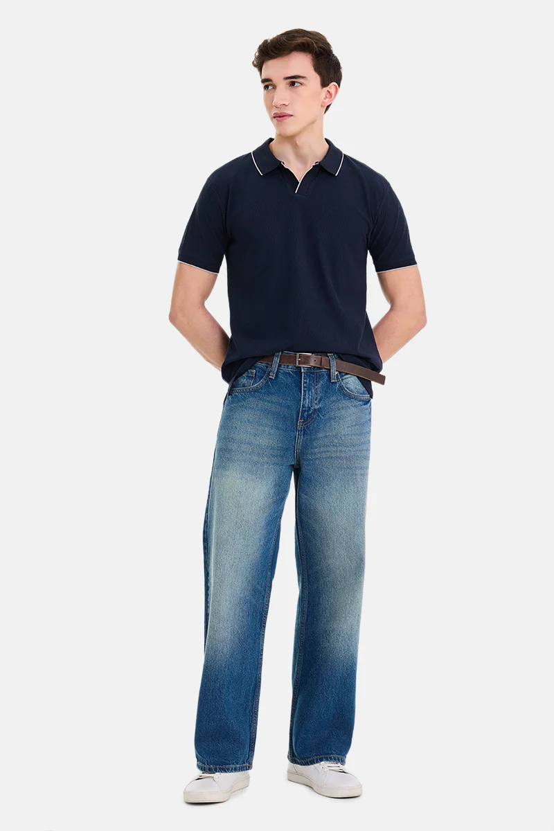 SNITCH Navy Blue Textured Half Sleeve Regular Fit Casual T-Shirt