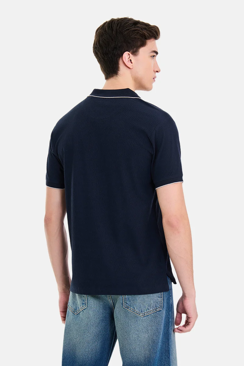 Snitch Navy Blue Navy Blue Textured Half Sleeve Regular Fit Casual T-Shirt for Men | Best Price UAE
