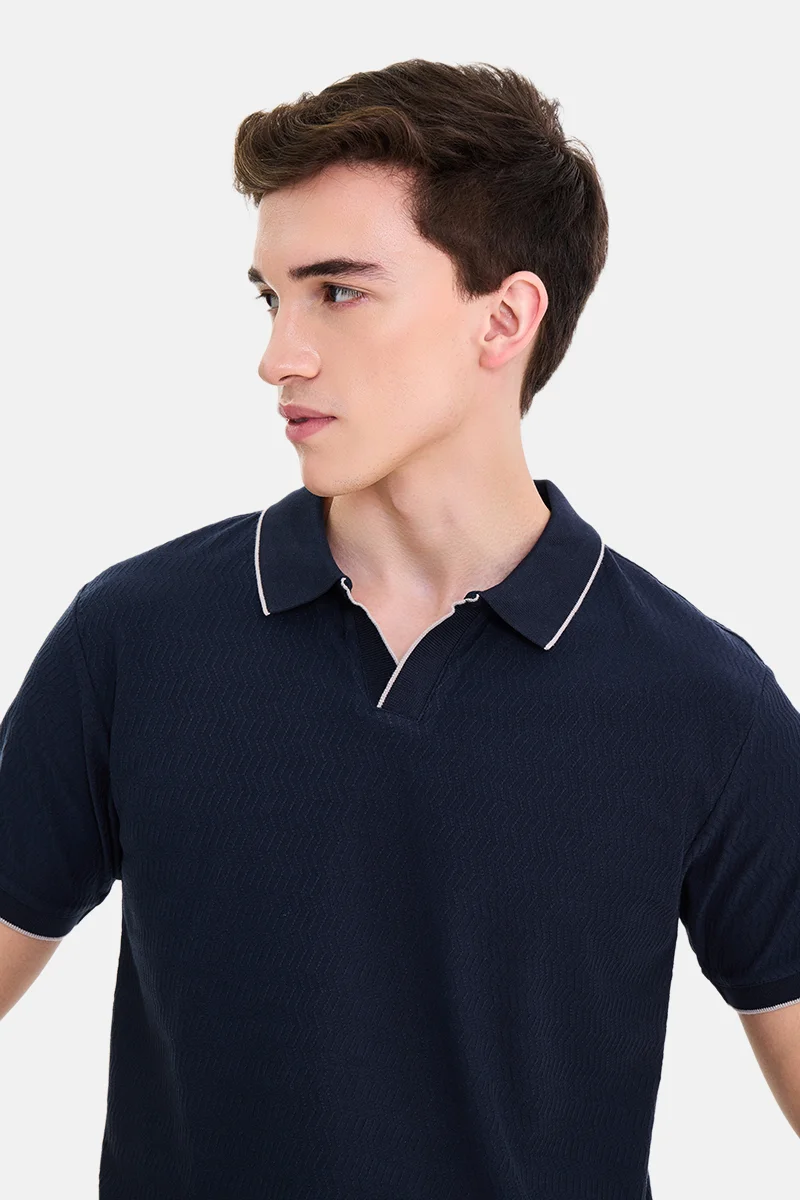 Snitch Navy Blue Navy Blue Textured Half Sleeve Regular Fit Casual T-Shirt for Men | Best Price UAE