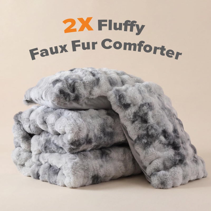 YIKUSH Fluffy Comforter Set King Size - Soft & Fuzzy Faux Fur King Comforter, Ultra Plush Tie-dye Light Grey Comforter with Flannel Back, Warm Yet Lightweight Cozy Bedding Set - Image 2