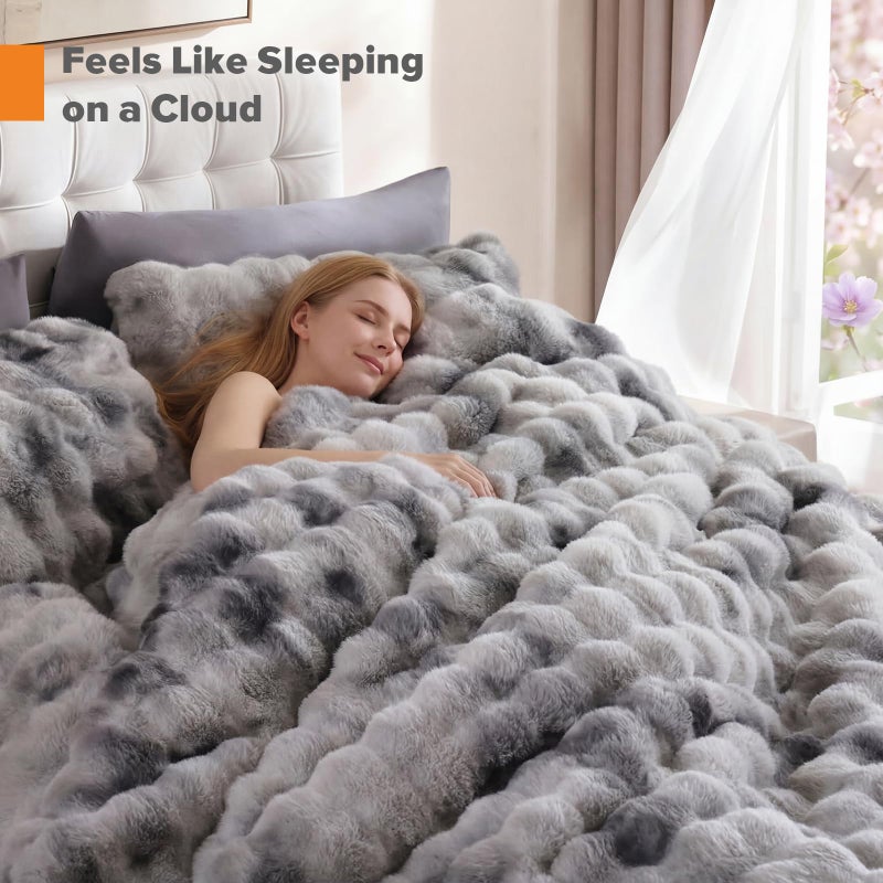 YIKUSH Fluffy Comforter Set King Size - Soft & Fuzzy Faux Fur King Comforter, Ultra Plush Tie-dye Light Grey Comforter with Flannel Back, Warm Yet Lightweight Cozy Bedding Set - Image 3