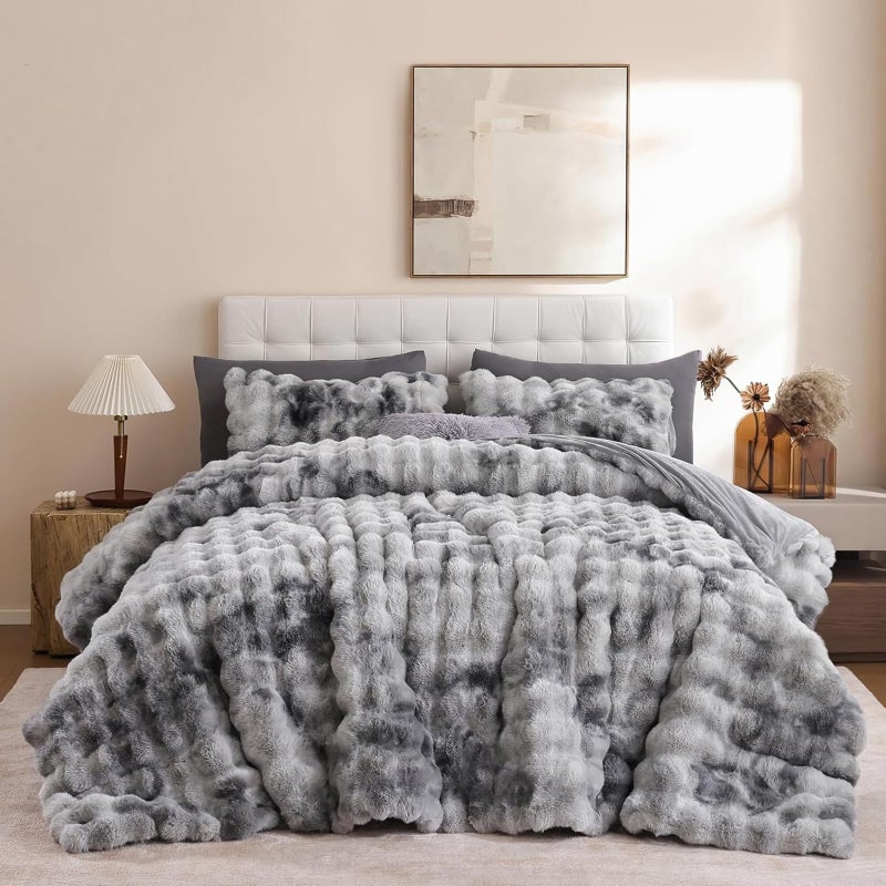 YIKUSH Fluffy Comforter Set King Size - Soft & Fuzzy Faux Fur King Comforter, Ultra Plush Tie-dye Light Grey Comforter with Flannel Back, Warm Yet Lightweight Cozy Bedding Set - Image 1