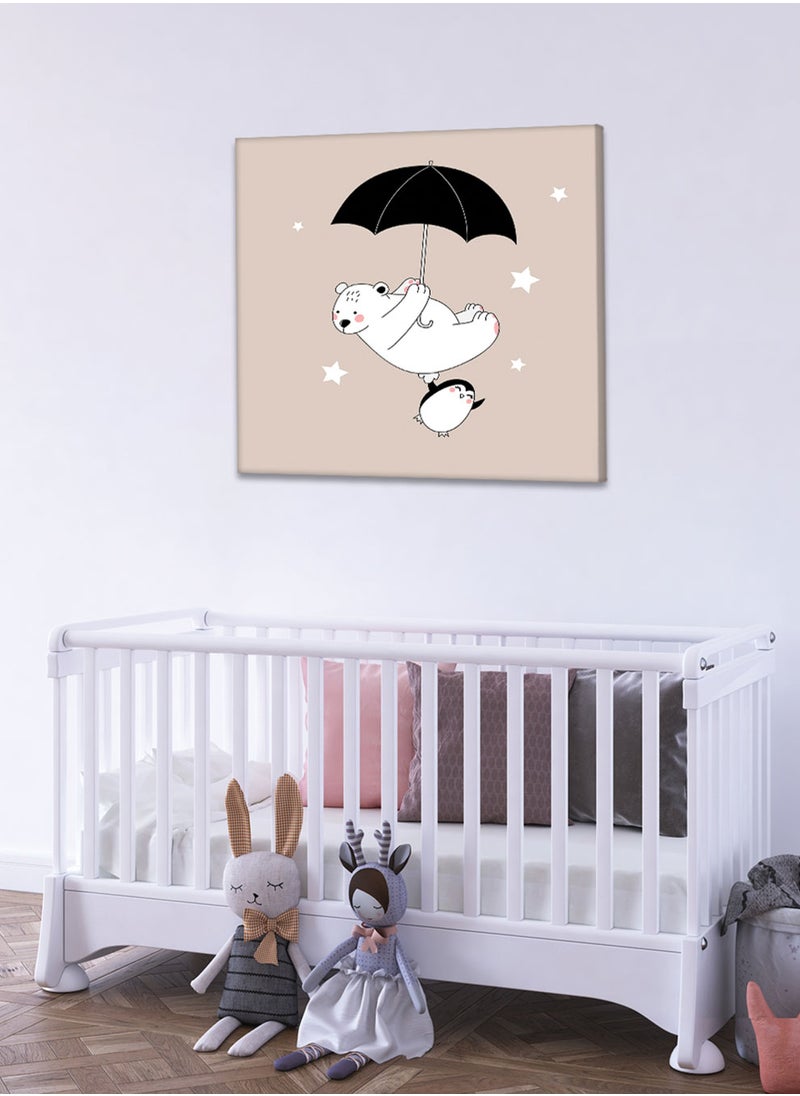 LOWHA - Framed Canvas Wall Art Stretched Over Wooden Frame, Cute Bear With Little Penguin Painting, For Home, Living Room, Office Decor - Image 1