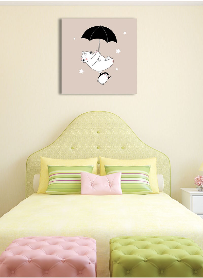 LOWHA - Framed Canvas Wall Art Stretched Over Wooden Frame, Cute Bear With Little Penguin Painting, For Home, Living Room, Office Decor - Image 1