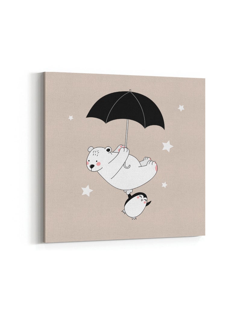 LOWHA - Framed Canvas Wall Art Stretched Over Wooden Frame, Cute Bear With Little Penguin Painting, For Home, Living Room, Office Decor - Image 1