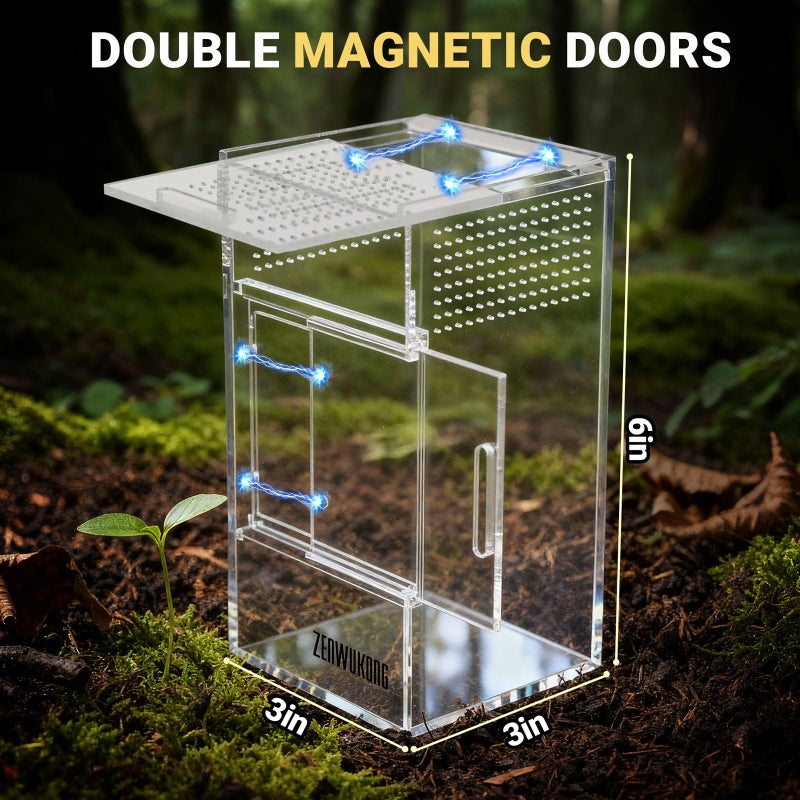 ZENWUKONG Jumping Spider Enclosure - Acrylic Terrarium Habitat for Spiders, Tarantulas, Snail, Mantis, Lizard, and Small Reptiles, Magnetic Doors (3x3x6 inch) - Image 3