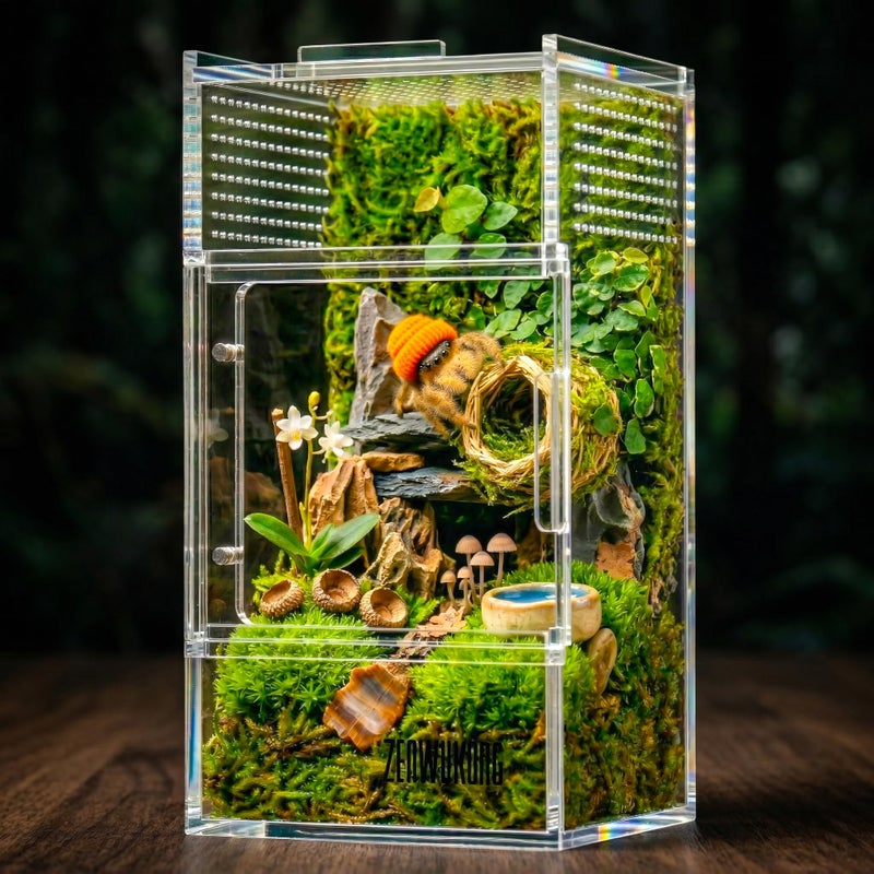 ZENWUKONG Jumping Spider Enclosure - Acrylic Terrarium Habitat for Spiders, Tarantulas, Snail, Mantis, Lizard, and Small Reptiles, Magnetic Doors (3x3x6 inch) - Image 1