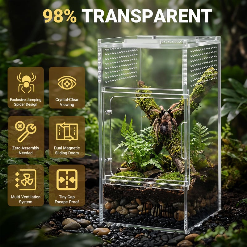 ZENWUKONG Jumping Spider Enclosure - Acrylic Terrarium Habitat for Spiders, Tarantulas, Snail, Mantis, Lizard, and Small Reptiles, Magnetic Doors (3x3x6 inch) - Image 2