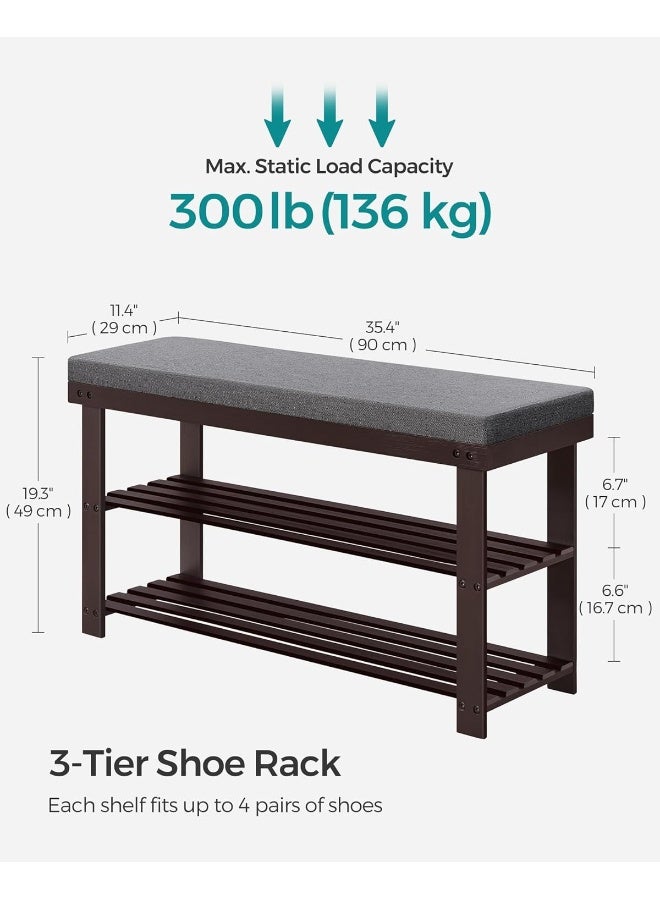 سونمجز مقعد أحذية من الخيزران من SONGMICS، منظم أحذية بثلاث طبقات للمدخل وغرفة المعيشة، مقعد يتحمل حتى 136.1 كجم، 30.2 × 89.9 × 48.8 سم، لون الجوز الريفي والرمادي الأردوازي - Image 3