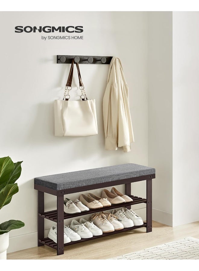 سونمجز مقعد أحذية من الخيزران من SONGMICS، منظم أحذية بثلاث طبقات للمدخل وغرفة المعيشة، مقعد يتحمل حتى 136.1 كجم، 30.2 × 89.9 × 48.8 سم، لون الجوز الريفي والرمادي الأردوازي - Image 1