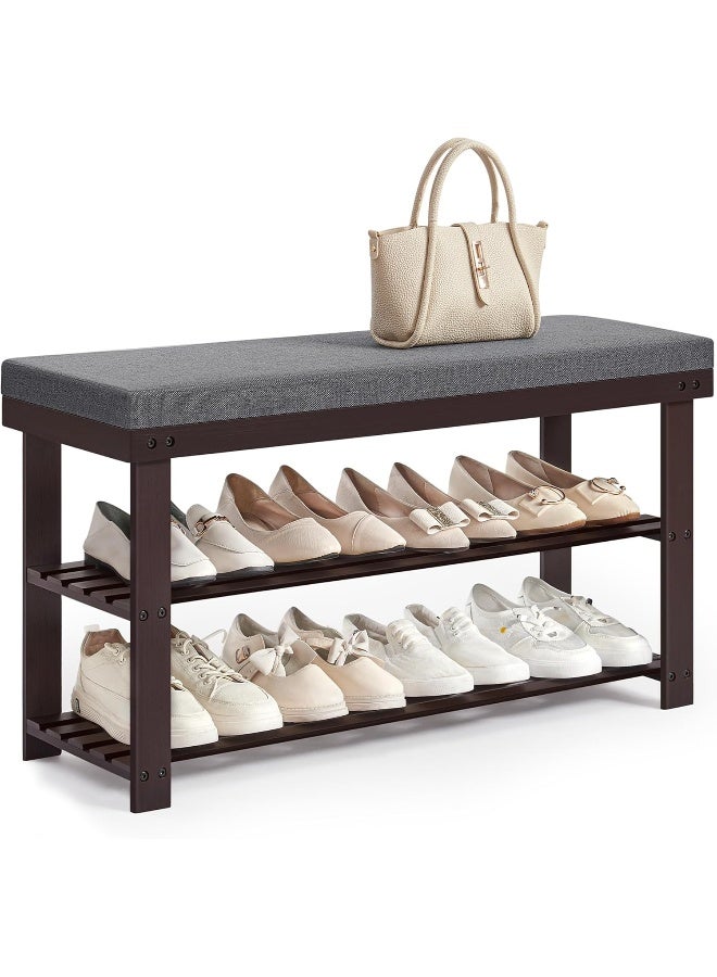 سونمجز مقعد أحذية من الخيزران من SONGMICS، منظم أحذية بثلاث طبقات للمدخل وغرفة المعيشة، مقعد يتحمل حتى 136.1 كجم، 30.2 × 89.9 × 48.8 سم، لون الجوز الريفي والرمادي الأردوازي - Image 2