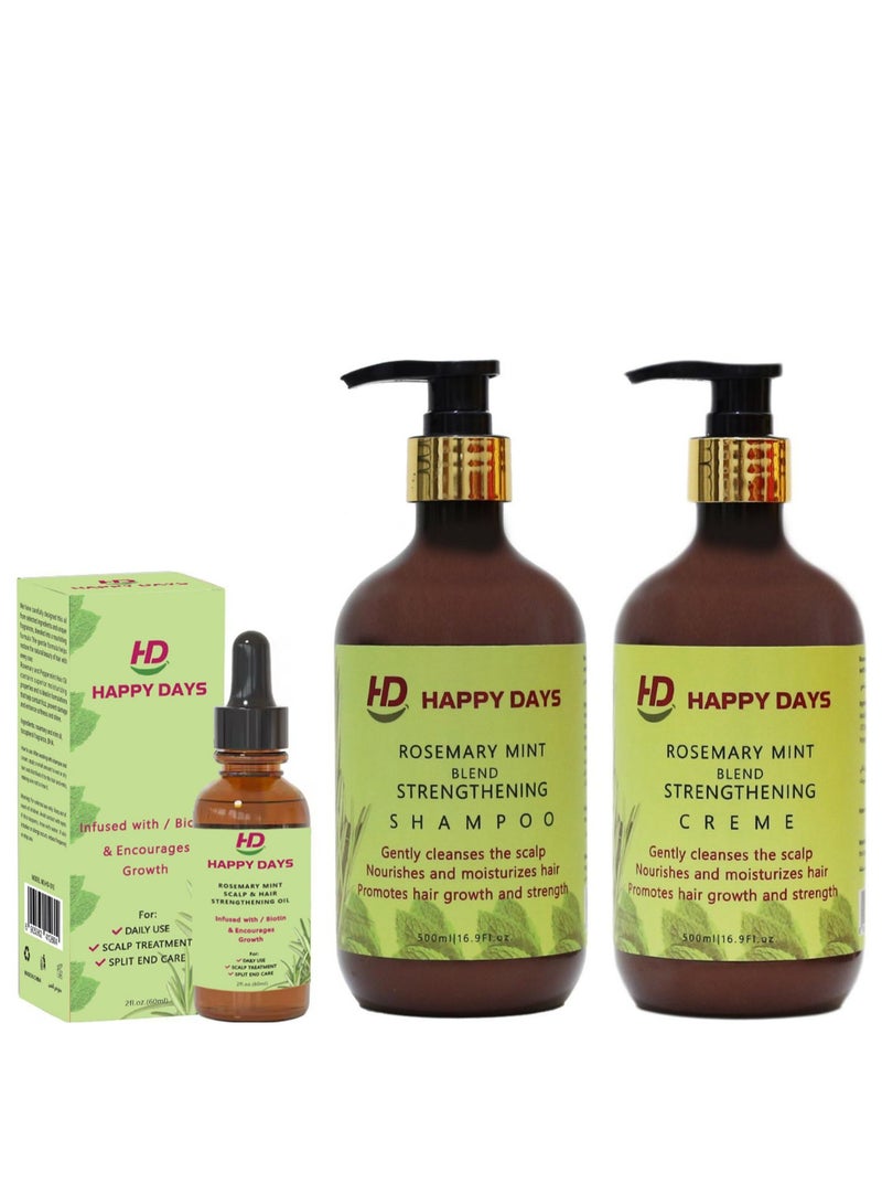 HAPPY DAYS Rosemary Mint Blend Strengthening Cream + Shampoo + Oil Gently Cleanses the Scalp, Nourishes and Moisturizes Hair, Promotes Hair Growth and Strength 3PCS