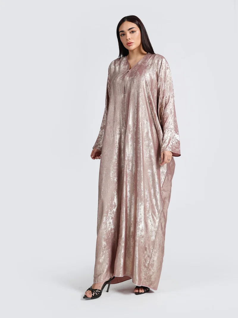 Reem Abayas Shimmering Metallic Rose Gold Kaftan Abaya