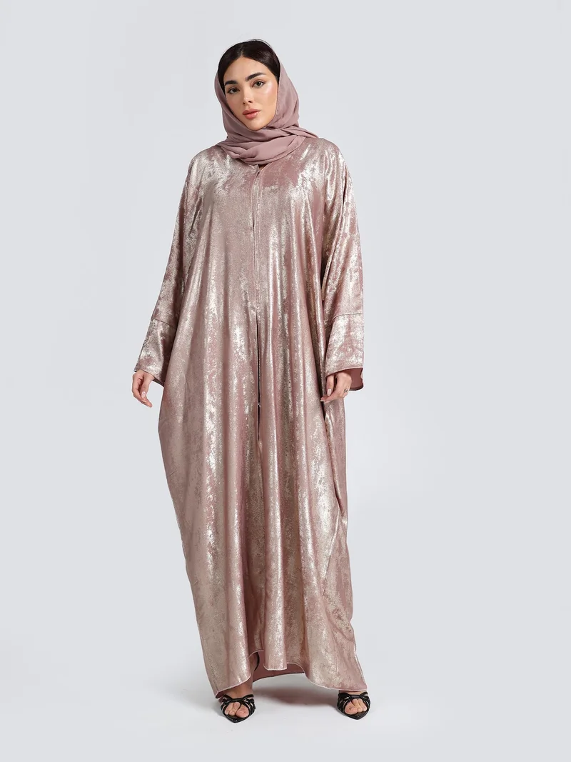 Reem Abayas Shimmering Metallic Rose Gold Kaftan Abaya