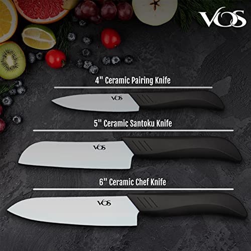 Vos Ceramic Knife Set in Elegant Gift Box, Ceramic Knives Set For Kitchen, Ultra Sharp Kitchen Knife Set with Covers, 4" 5" 6" Paring, Santoku & Chef Knife, Lightweight, Dishwasher safe (Black Handle) - Image 2