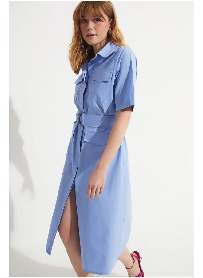 جون June Pocket Detailed Poplin Dress Blue
