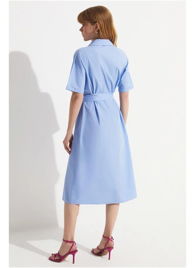 جون June Pocket Detailed Poplin Dress Blue