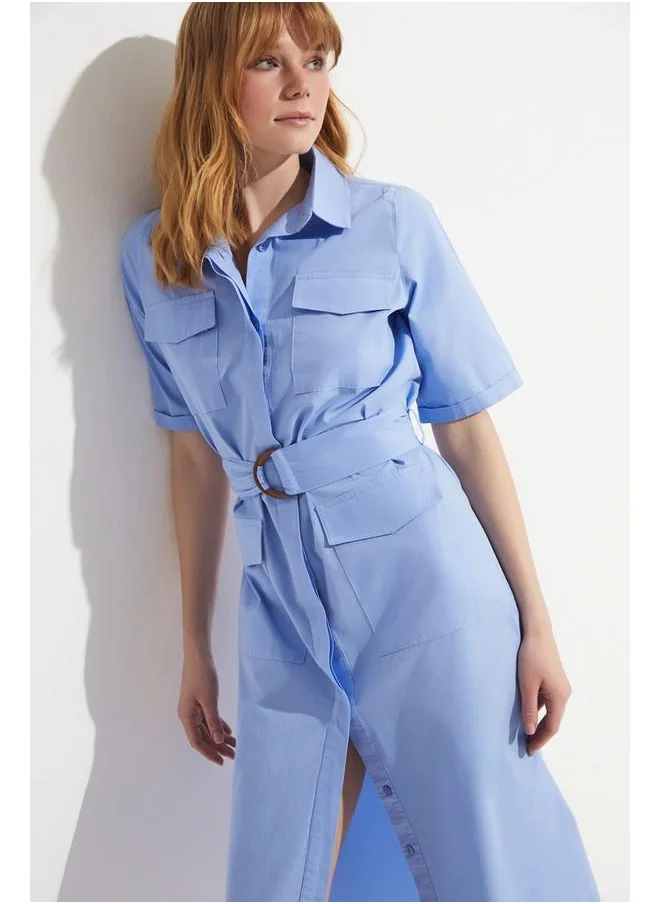 جون June Pocket Detailed Poplin Dress Blue