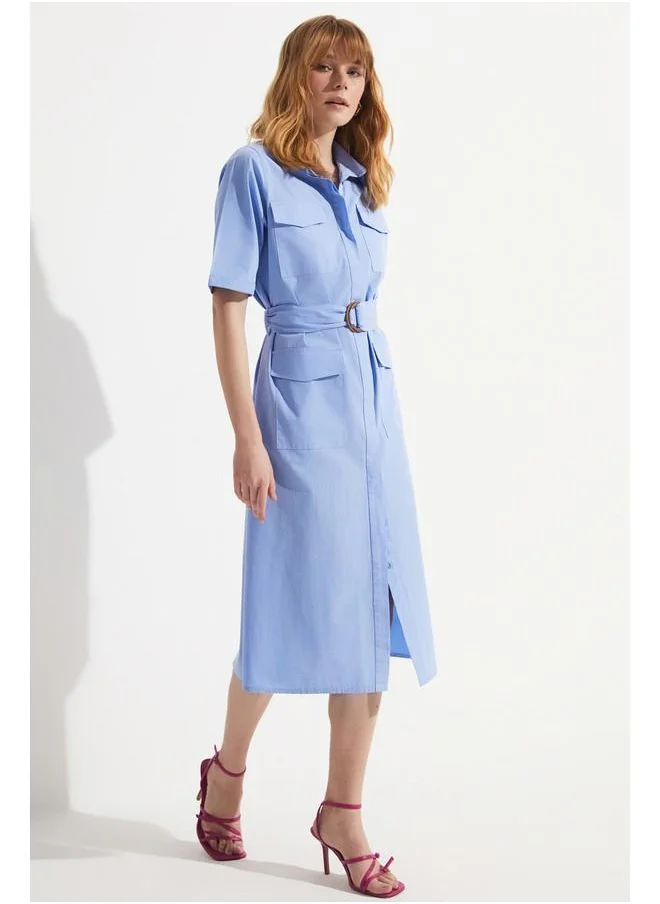 جون June Pocket Detailed Poplin Dress Blue