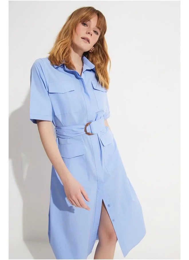 جون June Pocket Detailed Poplin Dress Blue