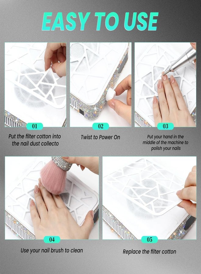 heemeei Nail Dust Collector, 6000RPM 10-Speeds Rechargable Dust Collector Nail Tech, Protable Nail Fan Dust Collector with 30Pcs Filters for Acrylic Nails Polishing Nail Salon & Home(AB Rhinestones) - Image 5