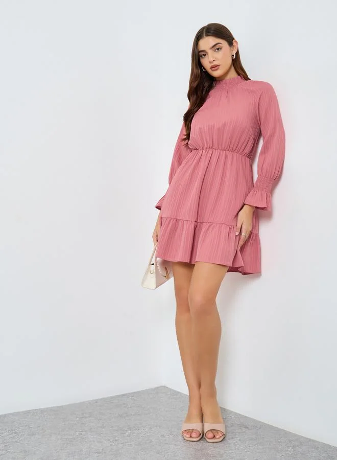 Take Two Solid Textured Smocking Cuff Fitted Waist Mini Dress