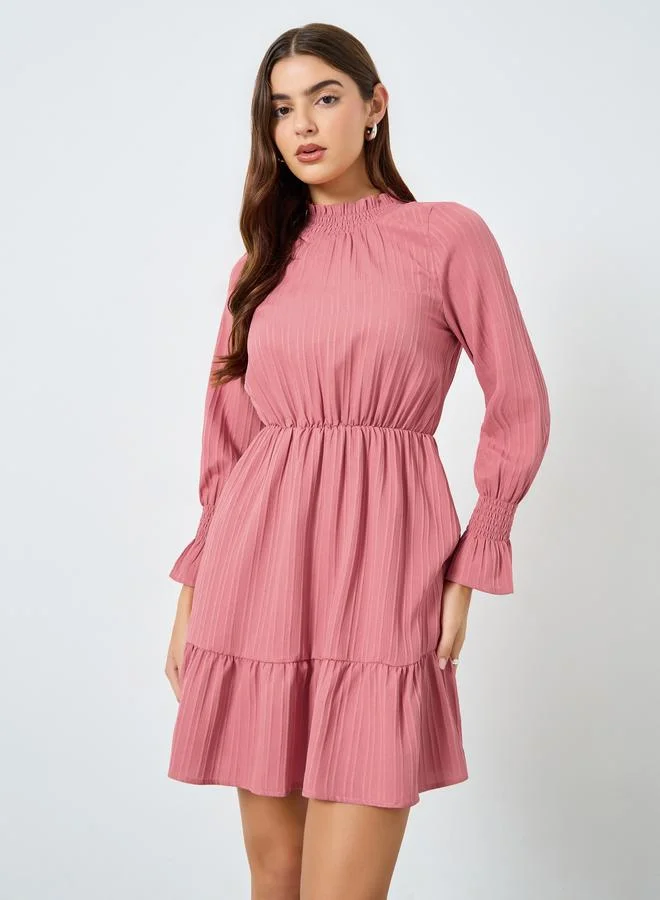 Take Two Solid Textured Smocking Cuff Fitted Waist Mini Dress