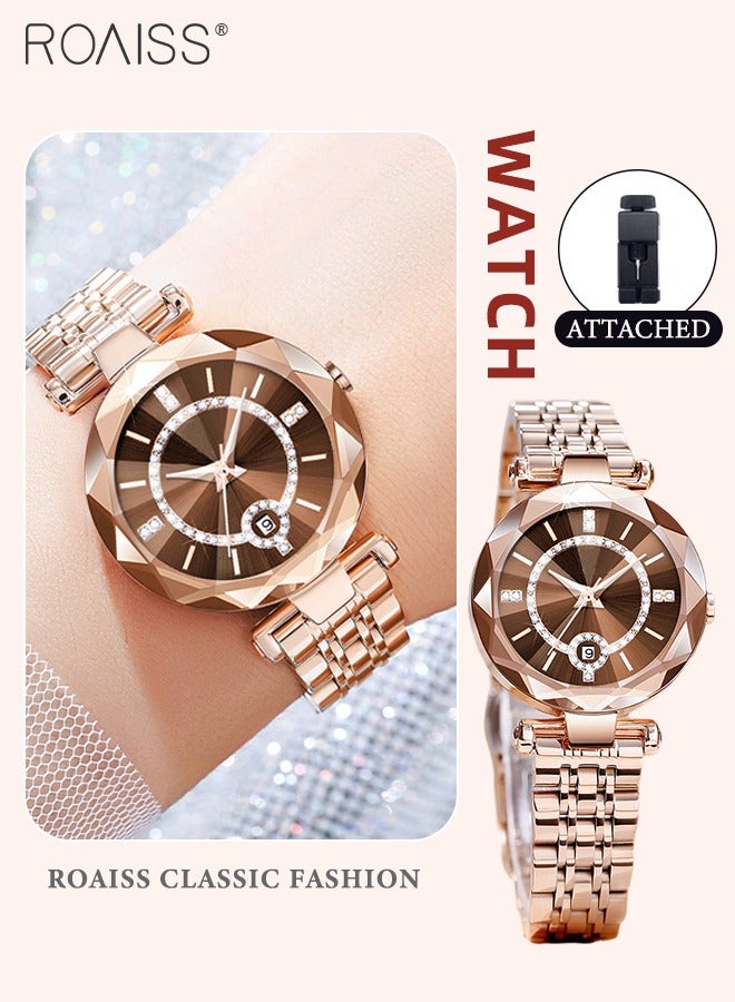 roaiss Women's Steel Strap Quartz Watch Analog Display Round Dial with Zirconium Diamonds Decoration and Rhombus Cut Design Waterproof Luxurious Wristwatch as Gift for Ladies - Image 1