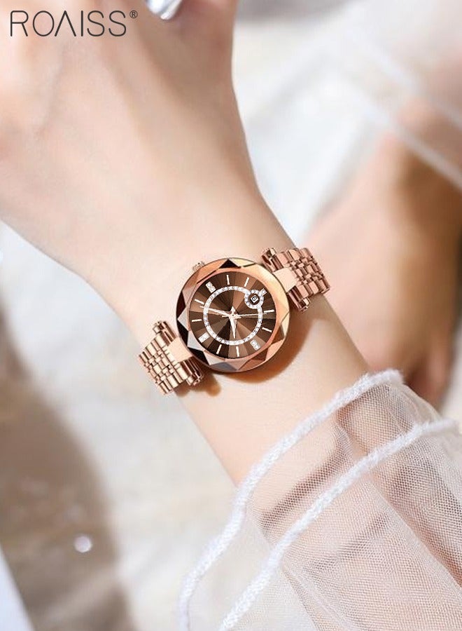 roaiss Women's Steel Strap Quartz Watch Analog Display Round Dial with Zirconium Diamonds Decoration and Rhombus Cut Design Waterproof Luxurious Wristwatch as Gift for Ladies - Image 2