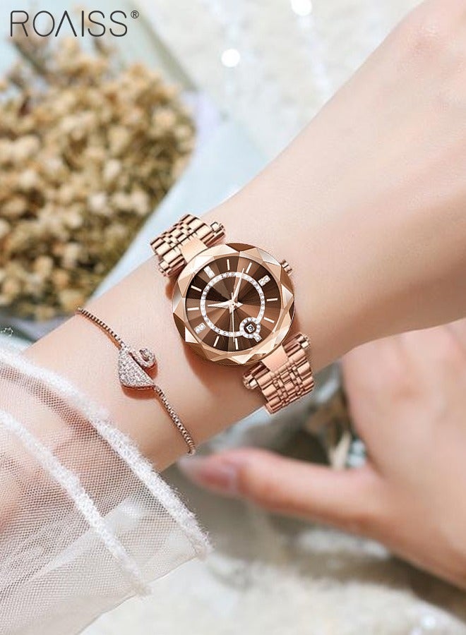 roaiss Women's Steel Strap Quartz Watch Analog Display Round Dial with Zirconium Diamonds Decoration and Rhombus Cut Design Waterproof Luxurious Wristwatch as Gift for Ladies - Image 3