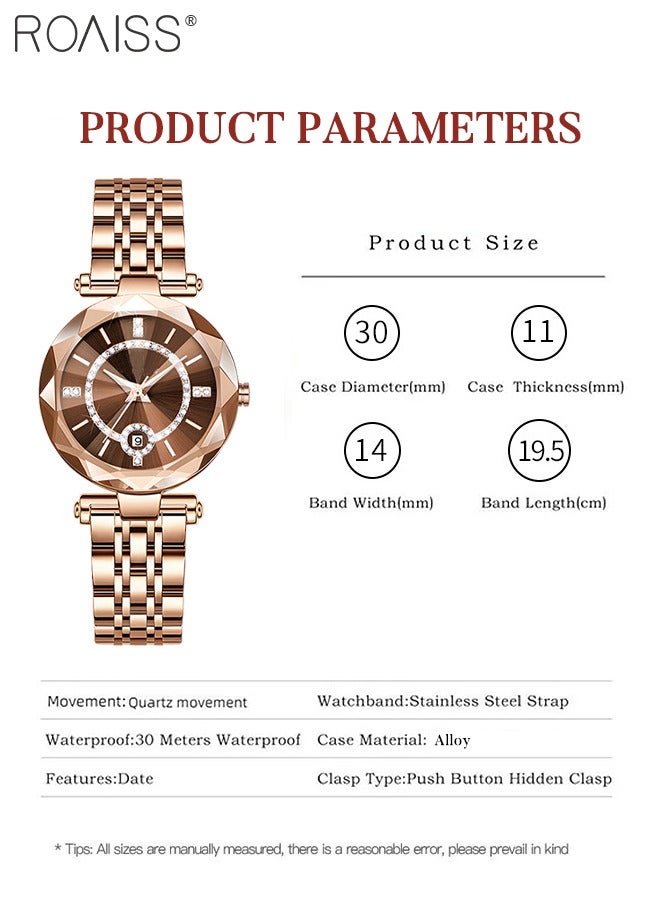 roaiss Women's Steel Strap Quartz Watch Analog Display Round Dial with Zirconium Diamonds Decoration and Rhombus Cut Design Waterproof Luxurious Wristwatch as Gift for Ladies - Image 4