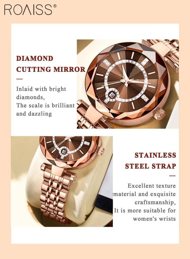 roaiss Women's Steel Strap Quartz Watch Analog Display Round Dial with Zirconium Diamonds Decoration and Rhombus Cut Design Waterproof Luxurious Wristwatch as Gift for Ladies - Image 5
