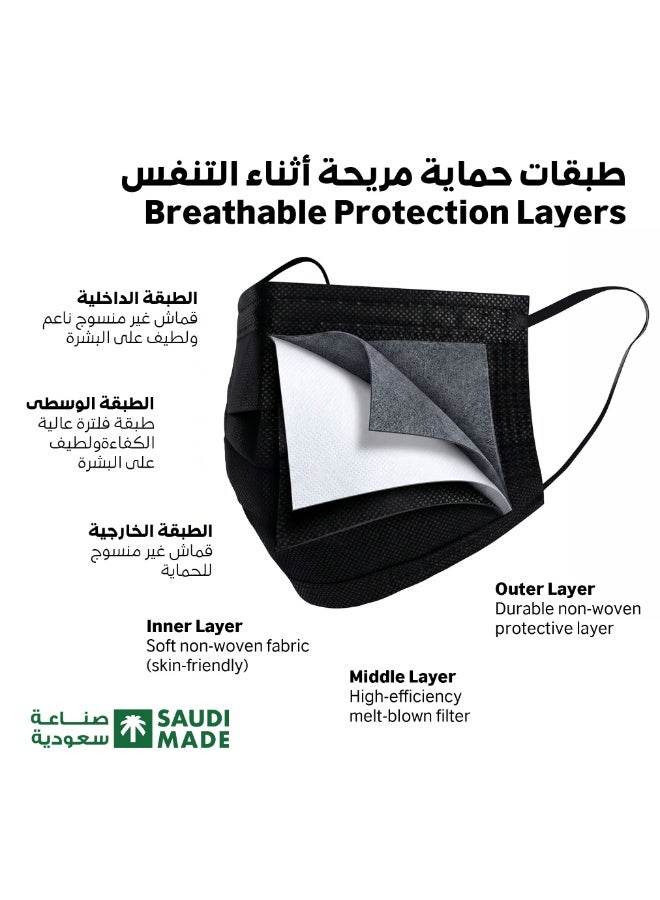 كمامات سوداء عالية الجودة - 50 قطعة - قناع وجه أسود أنيق مناسب للمحجبات والمنقبات والأطفال - خالية من الألياف الزجاجية - فلترة عالية وتنفس مريح - صنع في السعودية - Image 3